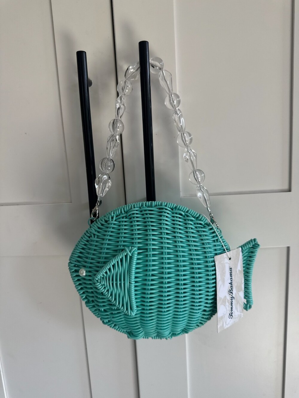TOMMY BAHAMA Mint Green FISH Clutch Bag Natural Woven Clear Bead Strap NWT